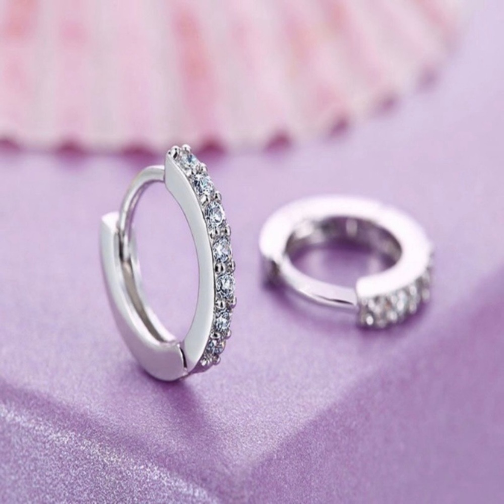 925 Silver Plated Cubic Zirconia CZ Diamond Small Hoop Earrings for Women Men - Picture 2 of 4